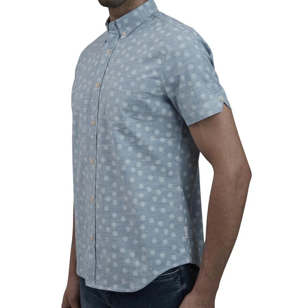 New BEN SHERMAN S/S Dusk Blue Chambray Geo Textured Slub Shirt‎ Men's Sz L